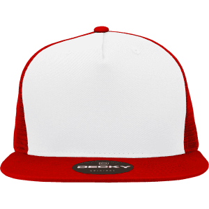 A red and white five-panel high profile structured trucker cap with a logo on the front.