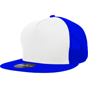A blue and white 5 panel high profile structured trucker cap with a mesh back and a logo on the front.