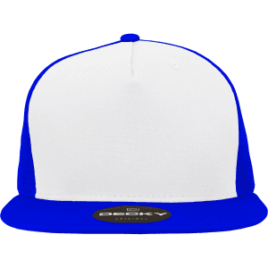 A structured trucker cap with a white front and blue mesh sides, featuring a logo on the front.