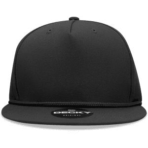 A black 5 panel high profile structured snapback hat with a logo on the front.