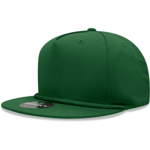 A green 5-panel high pro cotton/poly blend snapback cap with a logo on the front.