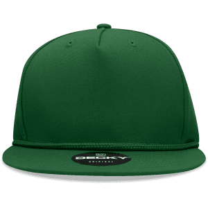 A green 5 panel high profile structured snapback cap with a flat brim and a branded tag on the underside.