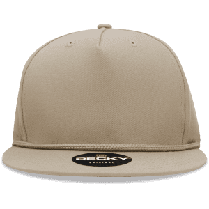 A beige 5-panel high profile structured snapback cap with a logo on the front.