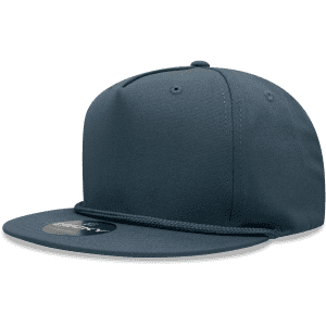 A dark grey high-profile structured snapback hat featuring a flat brim and a textured band. Includes a logo.