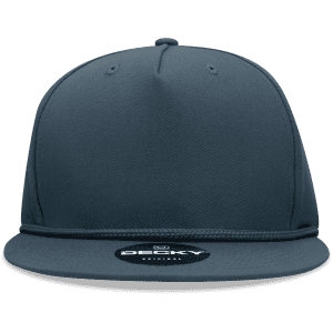 A dark blue 5 Panel High Profile Structured Snapback cap with a logo on the front.