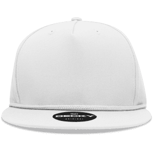 A white 5 panel high profile structured snapback cap featuring a logo on the front.