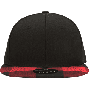 A black snapback cap with a structured high profile and a red plaid bill. Features a logo on the underside of the bill.