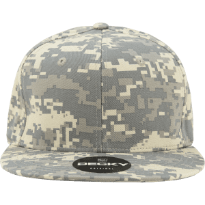 A grey and beige camo snapback cap with a high-profile structured design and a logo on the front.