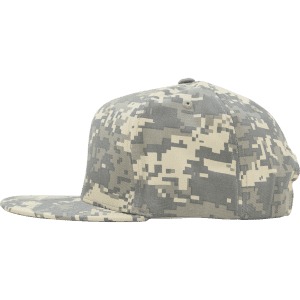 A structured high-profile snapback cap in a grey and beige camo pattern, featuring a curved brim and branding.