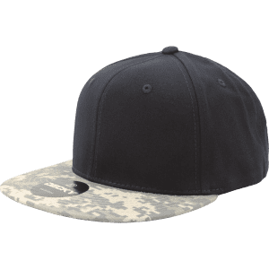 A black snapback cap with a camo-patterned brim and a logo on the front.