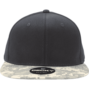 A grey high profile structured snapback cap featuring a camo brim and a logo on the front.