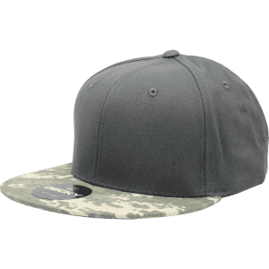 A grey high-profile structured snapback cap with a camouflage brim and a logo on the front.
