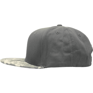 A grey high-profile structured snapback cap with a camo-patterned brim and a logo.