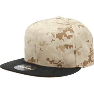 A structured snapback cap in camo pattern with a black peak and a logo on the side.