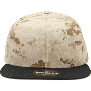 A high-profile structured snapback cap in a desert camouflage pattern with a black peak and a logo.
