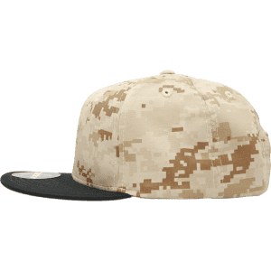 A high-profile structured camo snapback hat in beige and black, featuring a camouflage pattern and a logo.