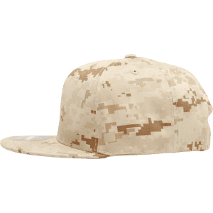 A high-profile structured snapback cap in a camo pattern, featuring shades of beige and tan. It has a logo on the front.