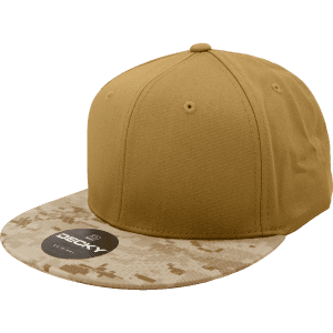 A high-profile structured snapback cap in khaki with a camo pattern brim and a logo on the front.