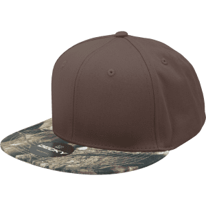 A structured high-profile snapback cap in brown with a camouflage brim and a logo.