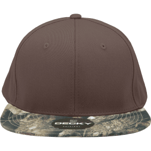 A structured camo snapback cap featuring a brown top and a patterned peak. It has a logo on the underside of the brim.