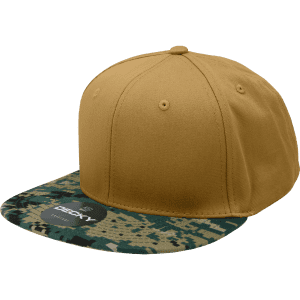 A high-profile structured snapback cap featuring a khaki crown and a camo patterned brim. Includes a logo on the front.