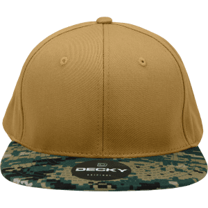 A khaki snapback cap with a structured high profile and a camouflage brim. It includes a logo on the front.