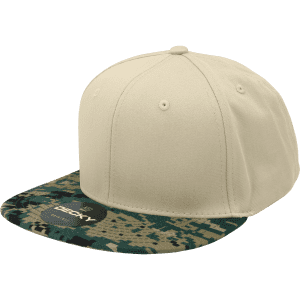 A structured snapback cap featuring a high-profile design with a camo-patterned peak and a solid beige crown.