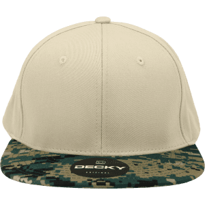 A camo snapback cap with a structured high profile, featuring a beige top and a patterned green brim, including a logo.