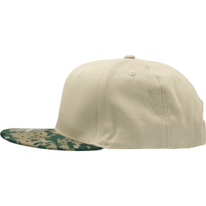 A structured snapback cap featuring a high-profile design with a cream body and camo-patterned peak.