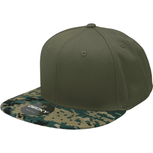 A camo snapback hat featuring a high-profile structured design with an olive green body and camouflaged brim.