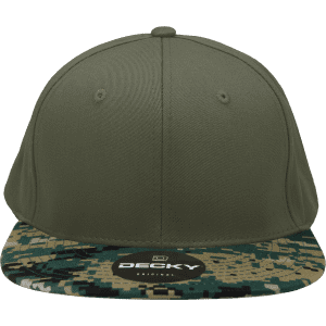 A high-profile structured snapback cap in olive green with a camo-patterned peak and a logo.