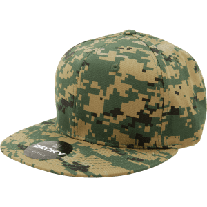 A structured high-profile snapback cap in green and tan camouflage with a branded label.