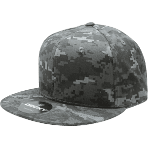 A grey camo snapback hat with a structured six-panel design and a branded label on the front.