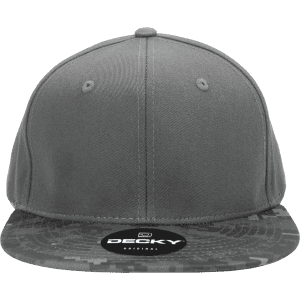 A high-profile structured snapback cap featuring a grey top with a camo-patterned brim and a logo on the front.