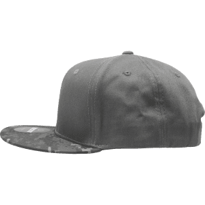 A grey camo snapback cap with a structured high profile and a patterned brim, featuring a logo.