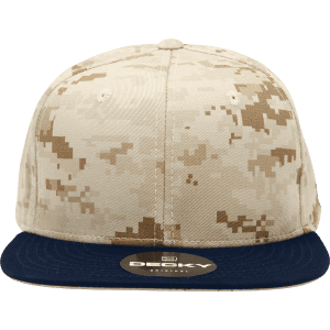 A high-profile structured snapback cap featuring a camouflage pattern in beige and brown, with a navy blue peak and a logo.