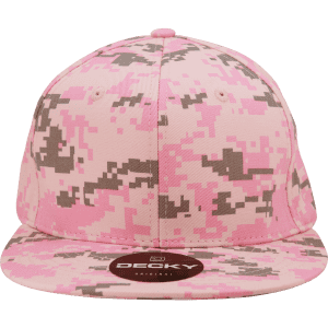 A high-profile structured snapback cap in pink and grey camo with a front logo.
