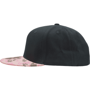 A structured camo snapback cap in black with a pink camo brim and a logo on the side.