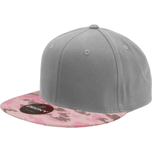 A grey snapback cap with a pink camo patterned brim, featuring a logo on the side.