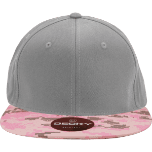A high-profile structured snapback cap featuring a grey body and a pink camo brim, with a logo on the front.
