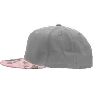 A grey snapback cap with a pink camo patterned brim and a structured high profile design. It features a logo on the side.