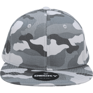 A grey camo snapback cap with a structured high profile and a logo on the front.