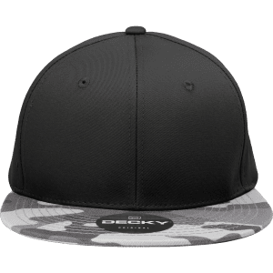 A black high-profile structured snapback cap with a camo-patterned brim and a logo on the front.