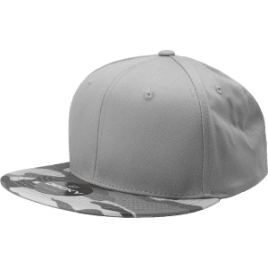 A grey snapback cap featuring a camo patterned brim and a structured high profile design. It has a logo.