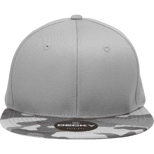 A structured high-profile snapback cap featuring a grey body and a camo pattern brim. Includes a logo on the front.