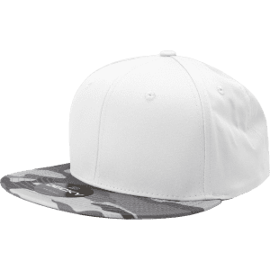 A white snapback cap with a grey camo print brim and a logo on the front.
