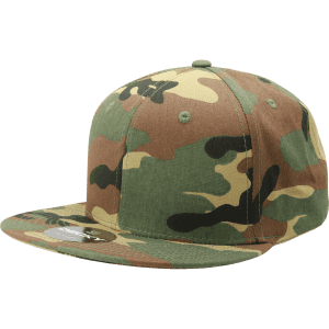 A camo snapback cap in shades of green, brown, and tan, featuring a structured high profile design and a logo.