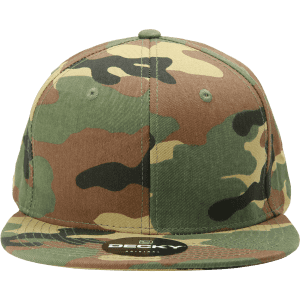 A camo snapback cap featuring a high profile, structured design in green and brown tones with a logo.