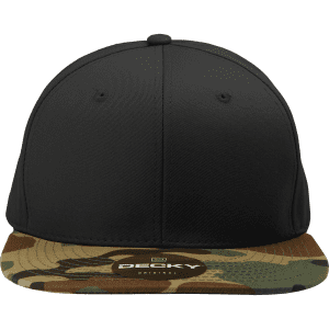 A camo snapback cap featuring a structured high profile design with a black crown and a camo visor. It has a logo.