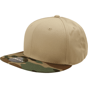 A tan snapback cap with a camouflage brim and a structured high-profile design. It features a logo on the side.